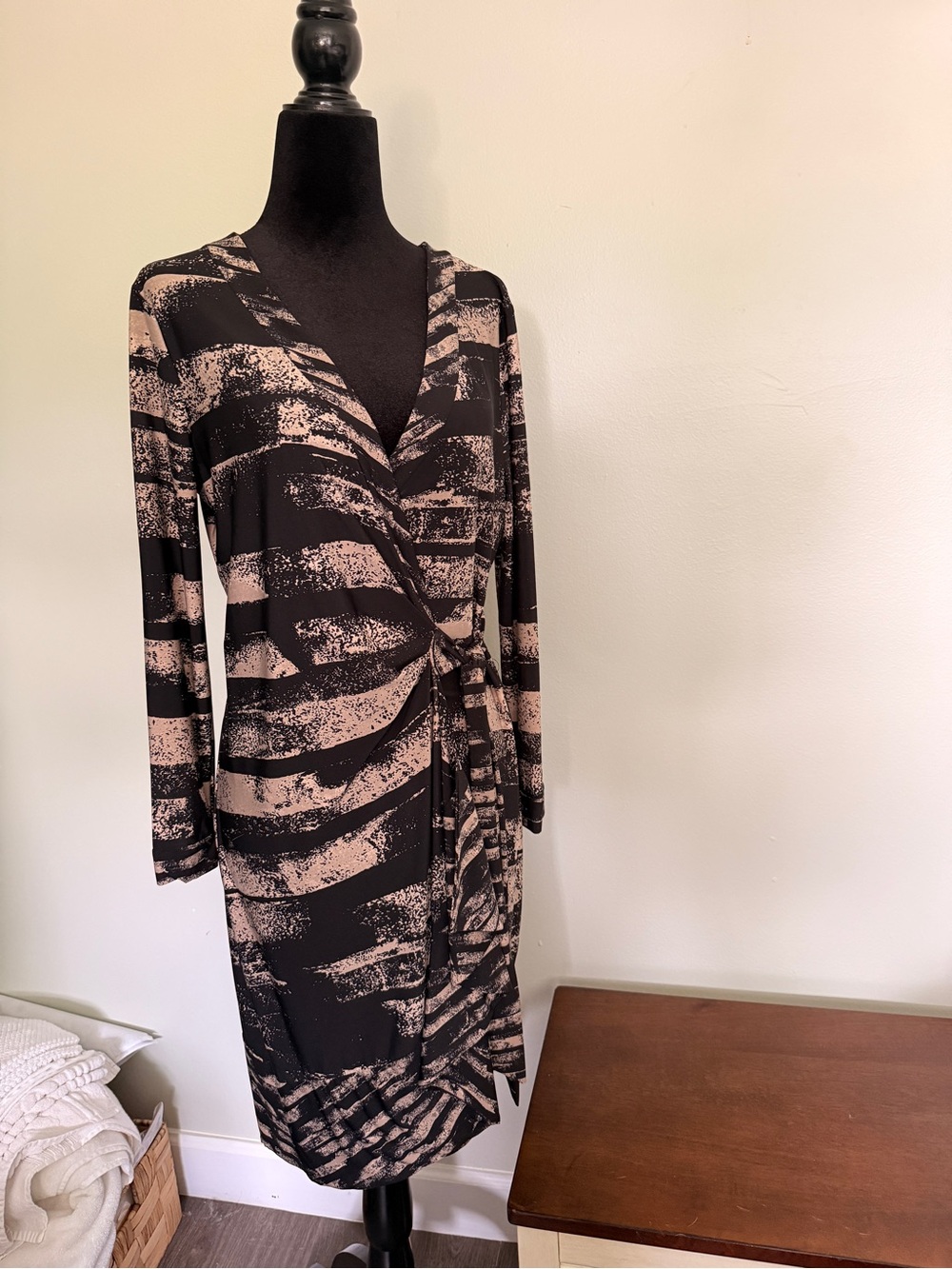 BCBGMaxAzria Black and Beige Wrap Dress with Abstract Stripe Print